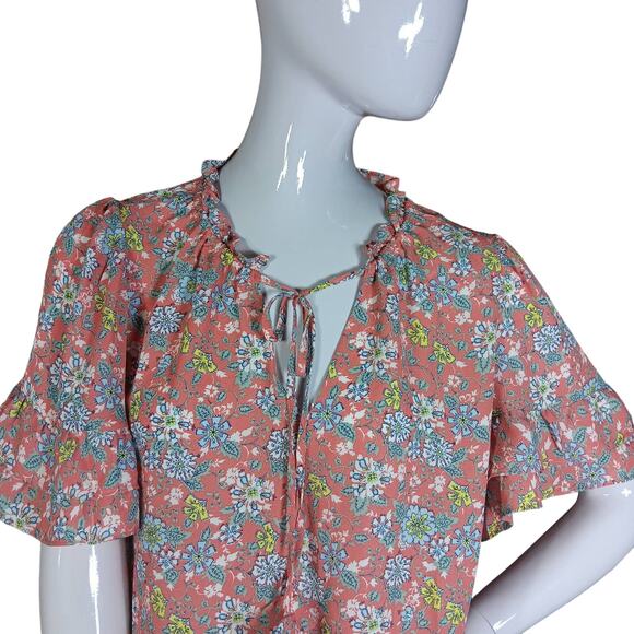 Max Studio Floral Bohemian blouse Size Large Orange Blue Yellow Short Sleeve - Picture 2 of 8